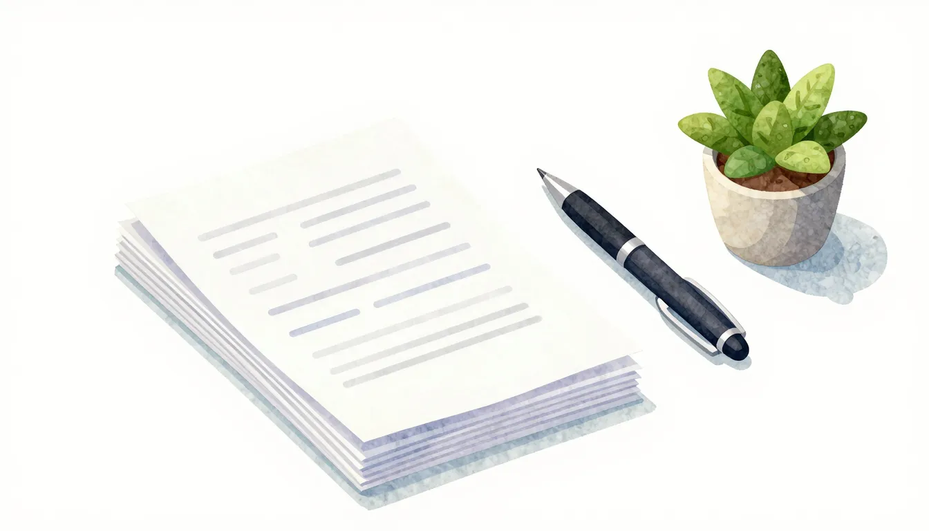 Watercolor style. A cozy office desk with a stack of paper d...