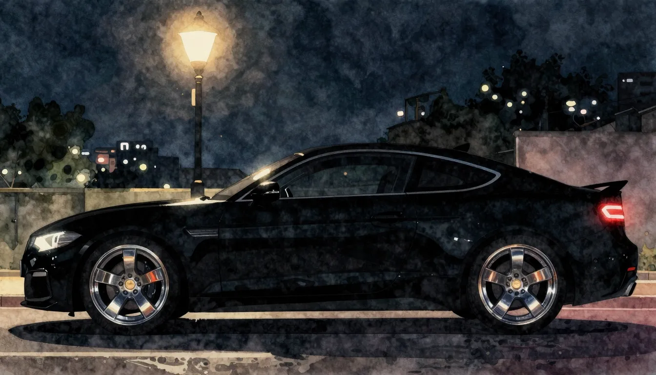 Watercolor style. A sleek black car silhouette parked under ...
