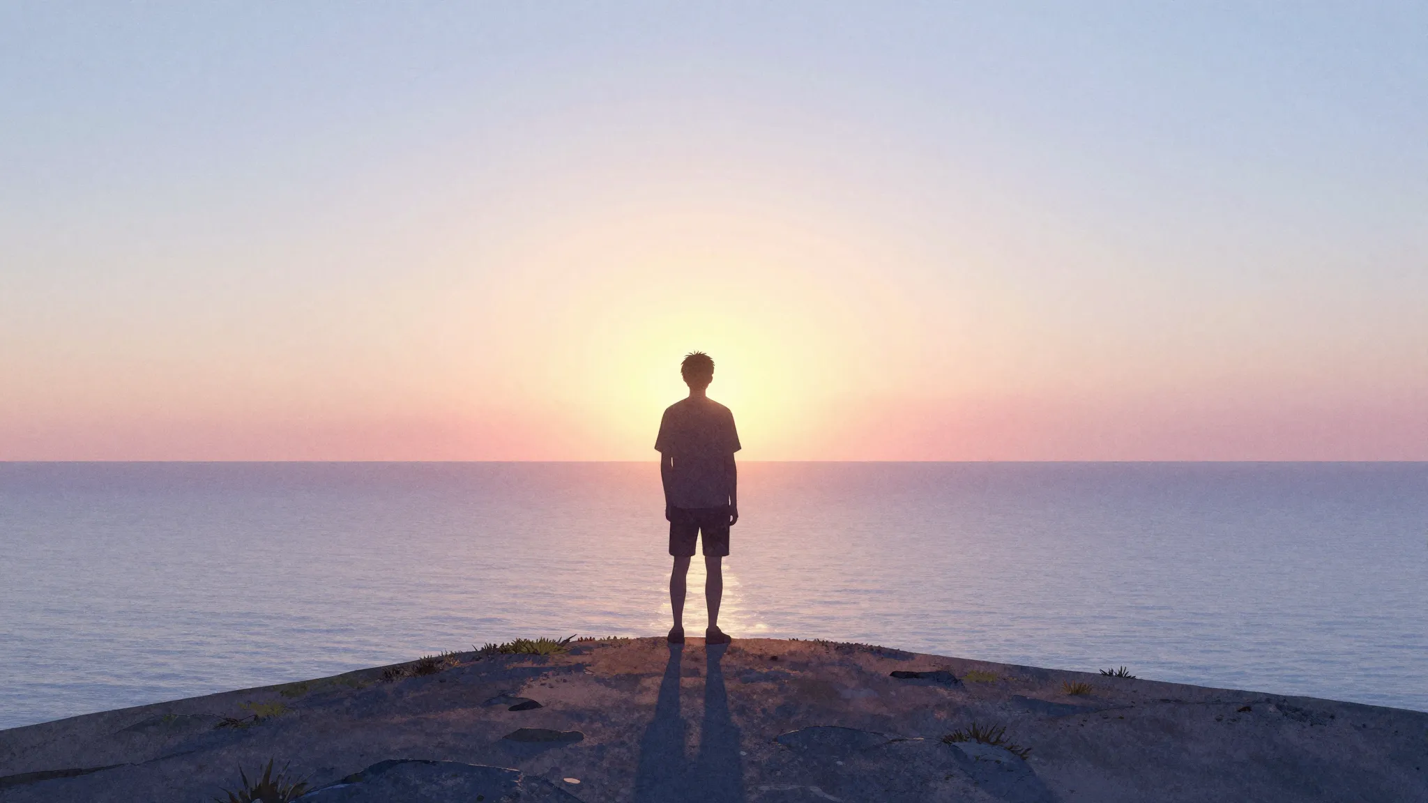 Watercolor style. A silhouette of a person standing on a hil...