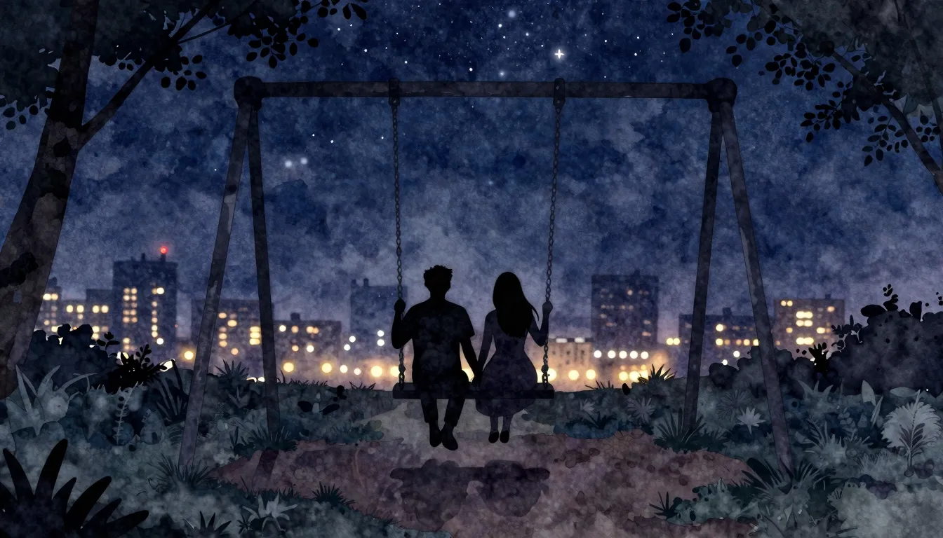 Watercolor style. Night park scene, silhouette of a couple o...