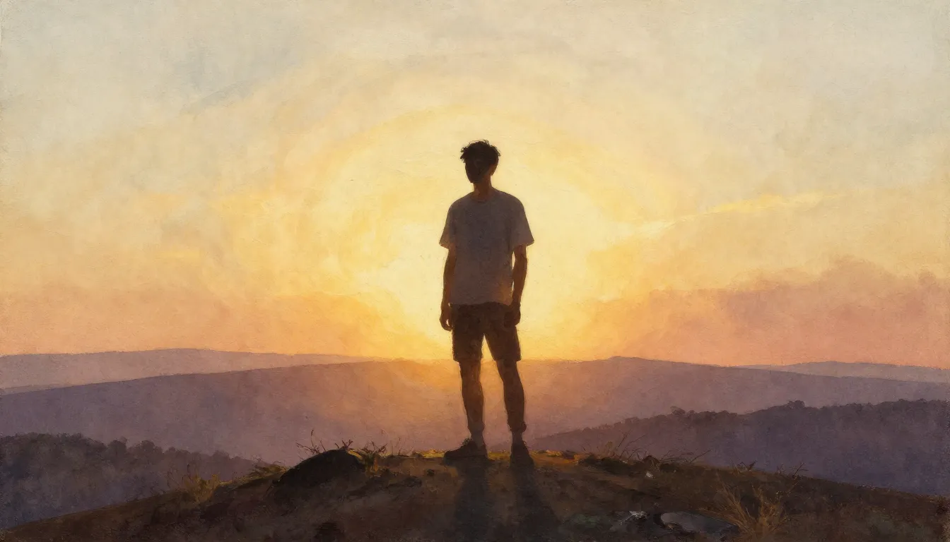 Watercolor style. A silhouette of a young man standing on a ...