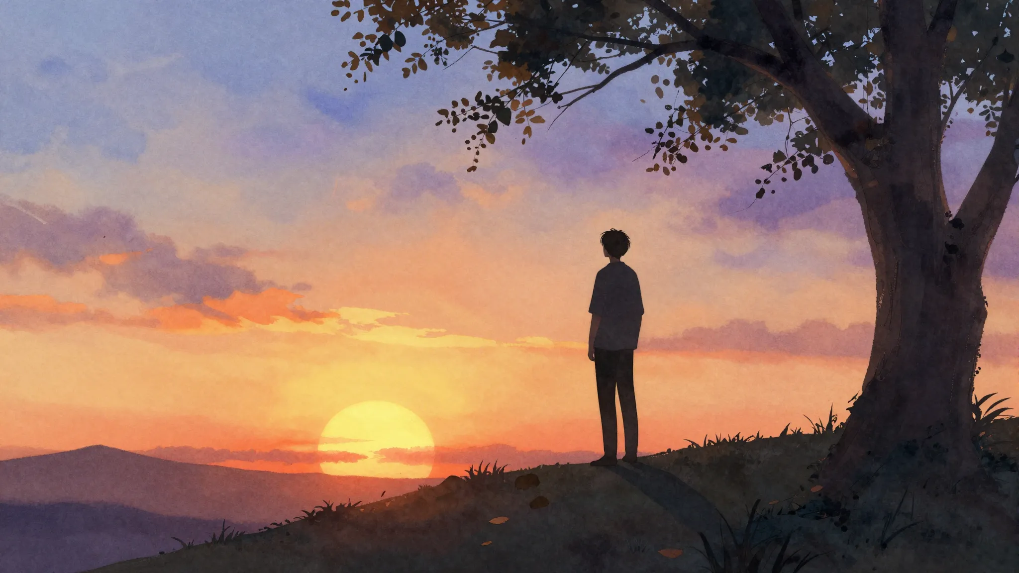 Watercolor style. A silhouette of a person stands on a hill ...
