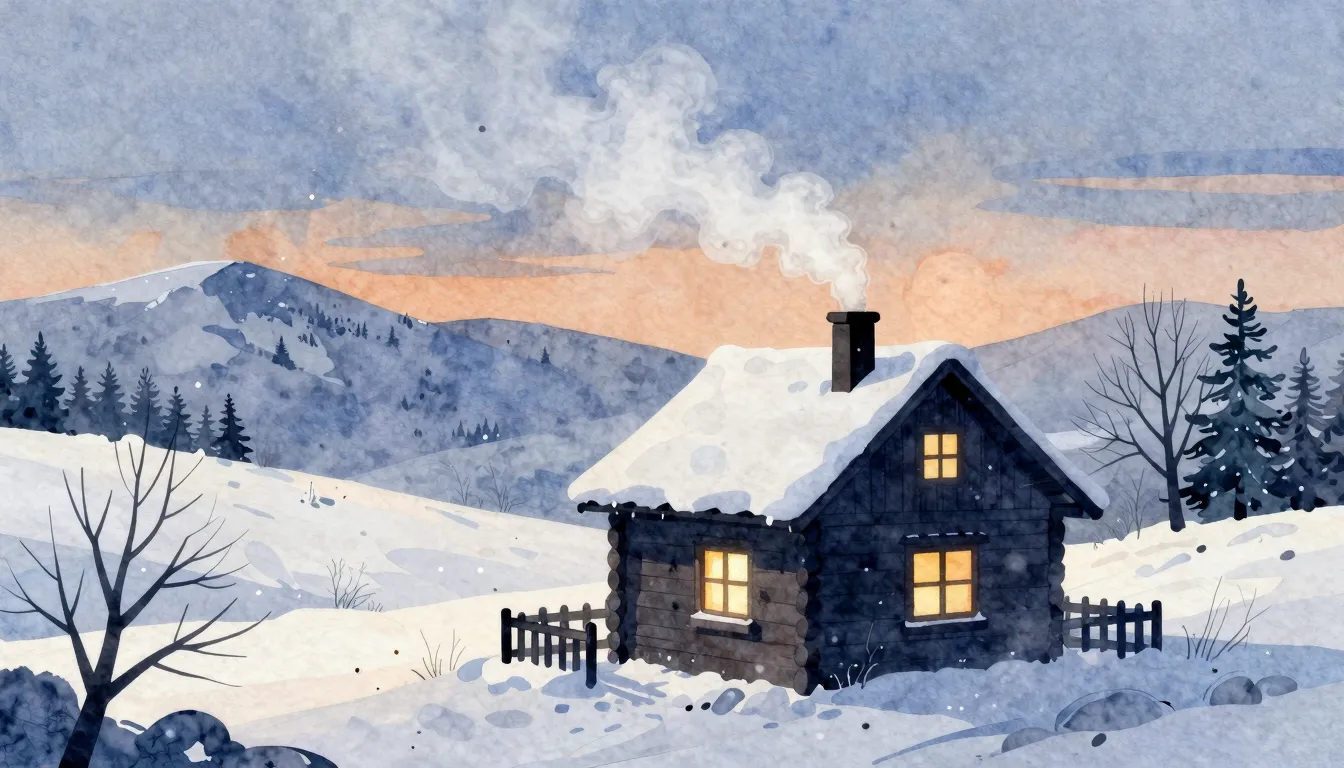 Watercolor style. Silhouette of a cozy wooden house in a sno...