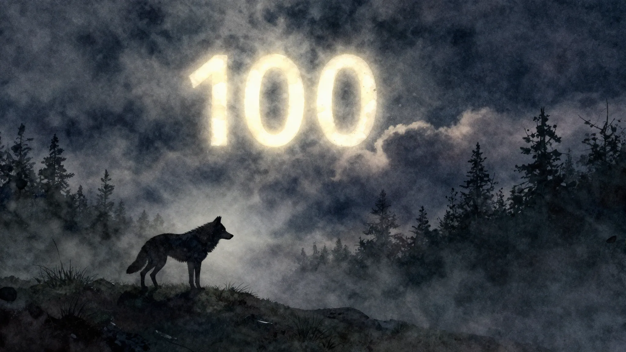 Watercolor style. Dark misty forest at night, a glowing numb...
