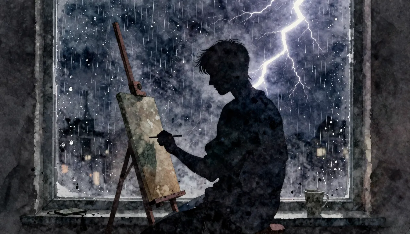 Watercolor style. Silhouette of a lonely artist by a window,...