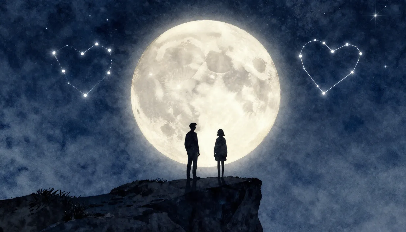 Watercolor style. Two silhouettes standing on a cliff under ...