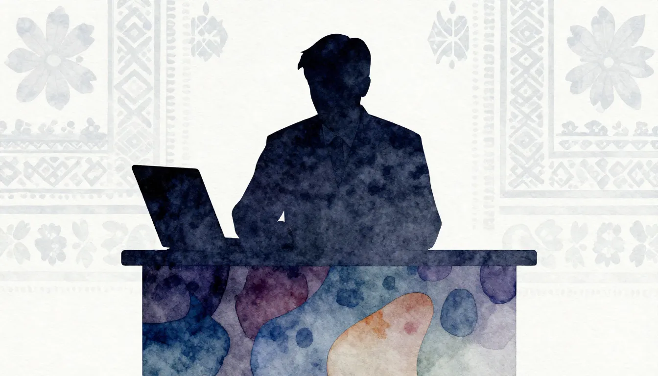 Watercolor style. Silhouette of a person at a desk with a la...
