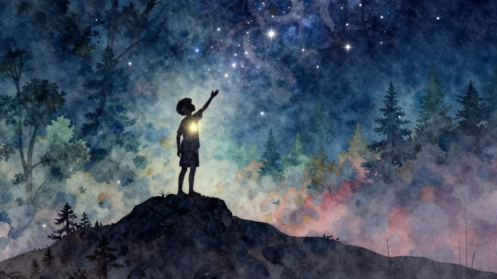 Watercolor style. Silhouette of a child standing on top of a...