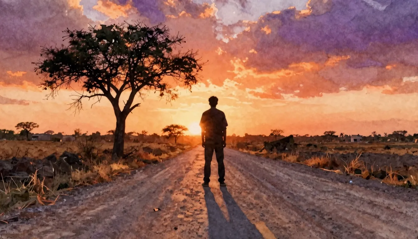 Watercolor style. A silhouette of a man standing on a dusty ...