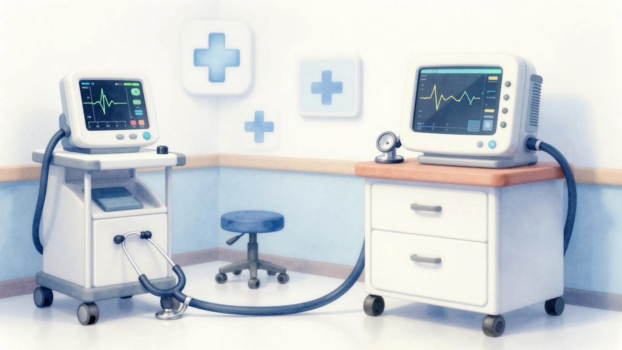 Watercolor style. Modern medical equipment in a bright clean...
