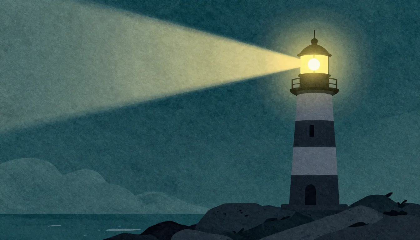 Watercolor style. Stylized lighthouse on a rocky shore at ni...