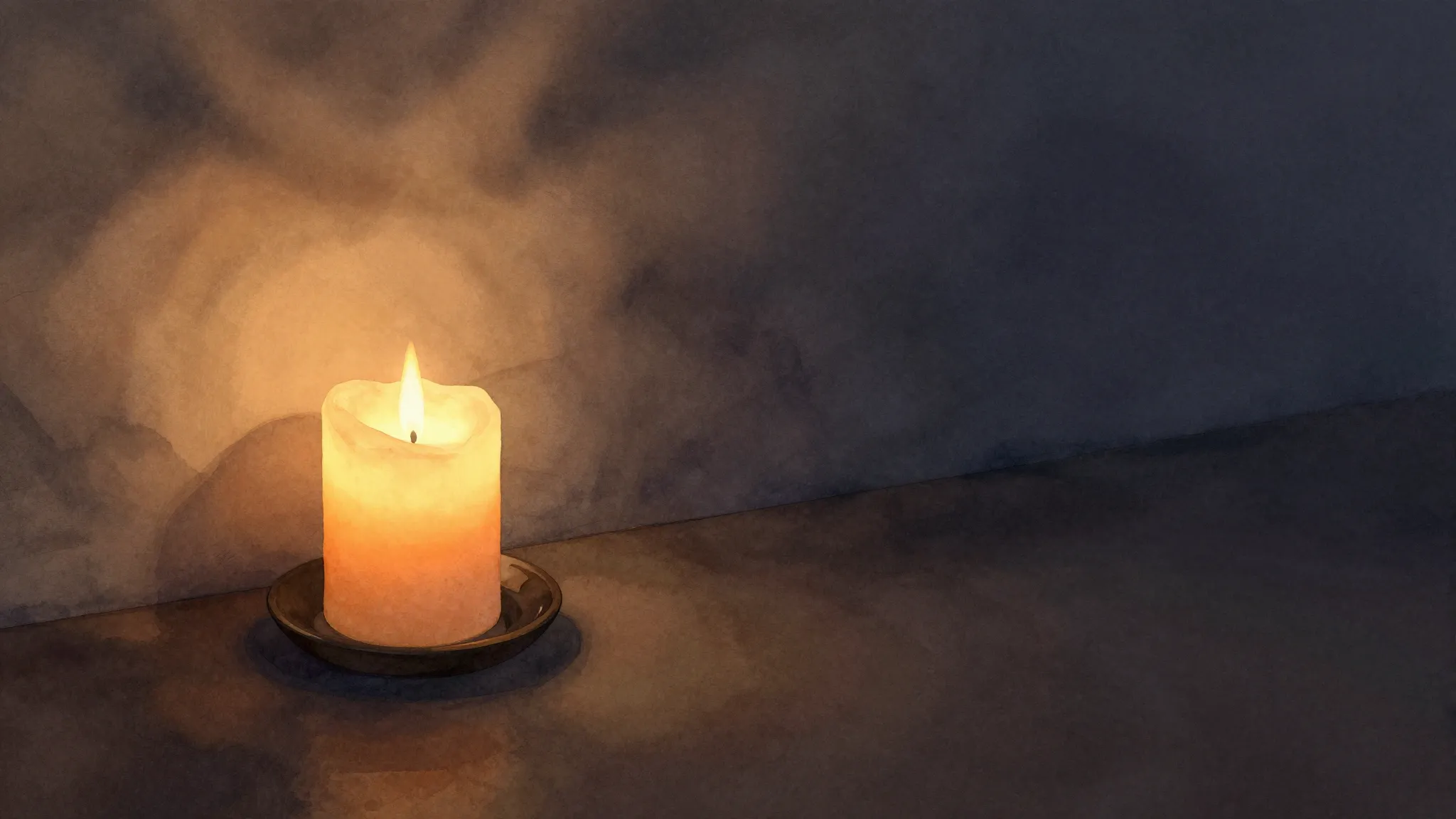 Watercolor style. A warm glowing candle illuminating a dark ...