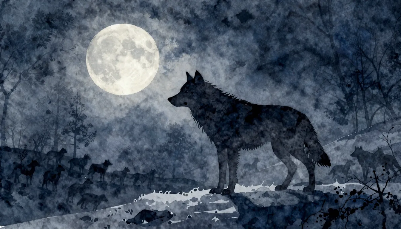 Watercolor style. A silhouette of a wolf standing on a snowy...