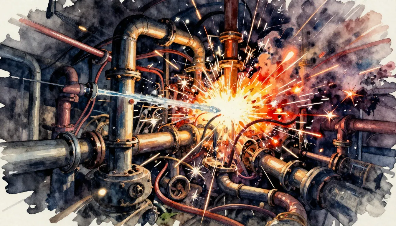 Vibrant watercolor style. Rock album cover, chaotic engineer...