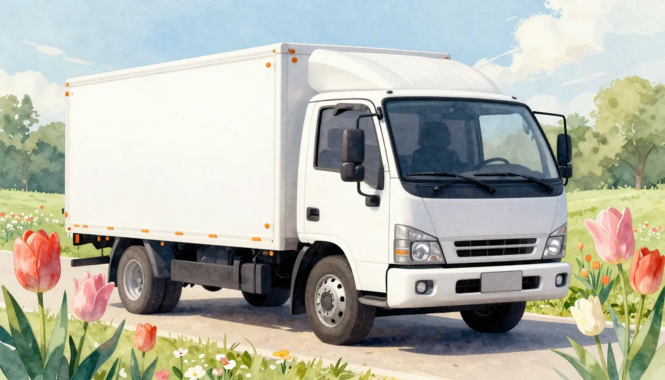 Watercolor style. A modern white truck surrounded by bloomin...