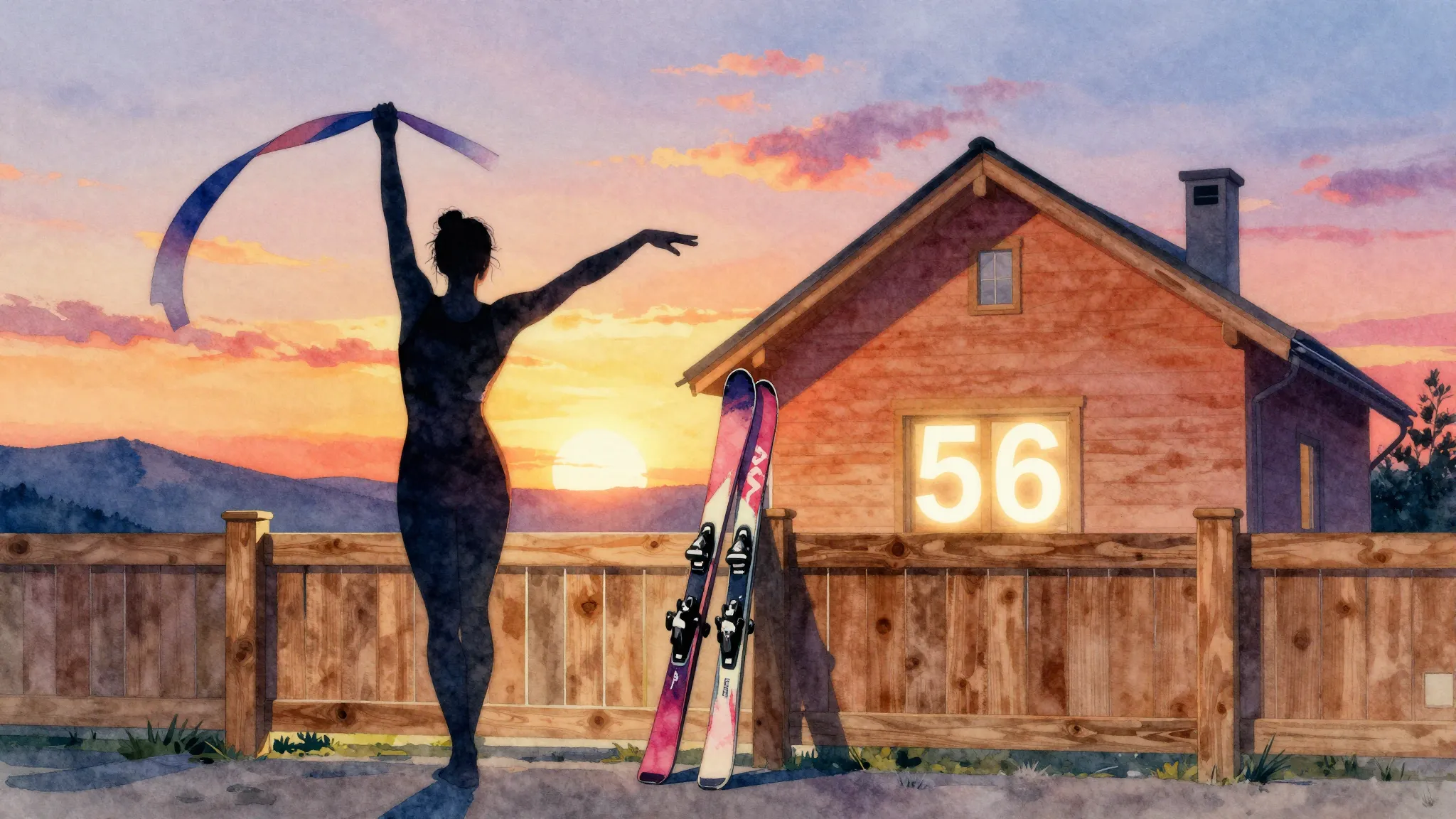 Watercolor style. A silhouette of a woman with a gymnastics ...