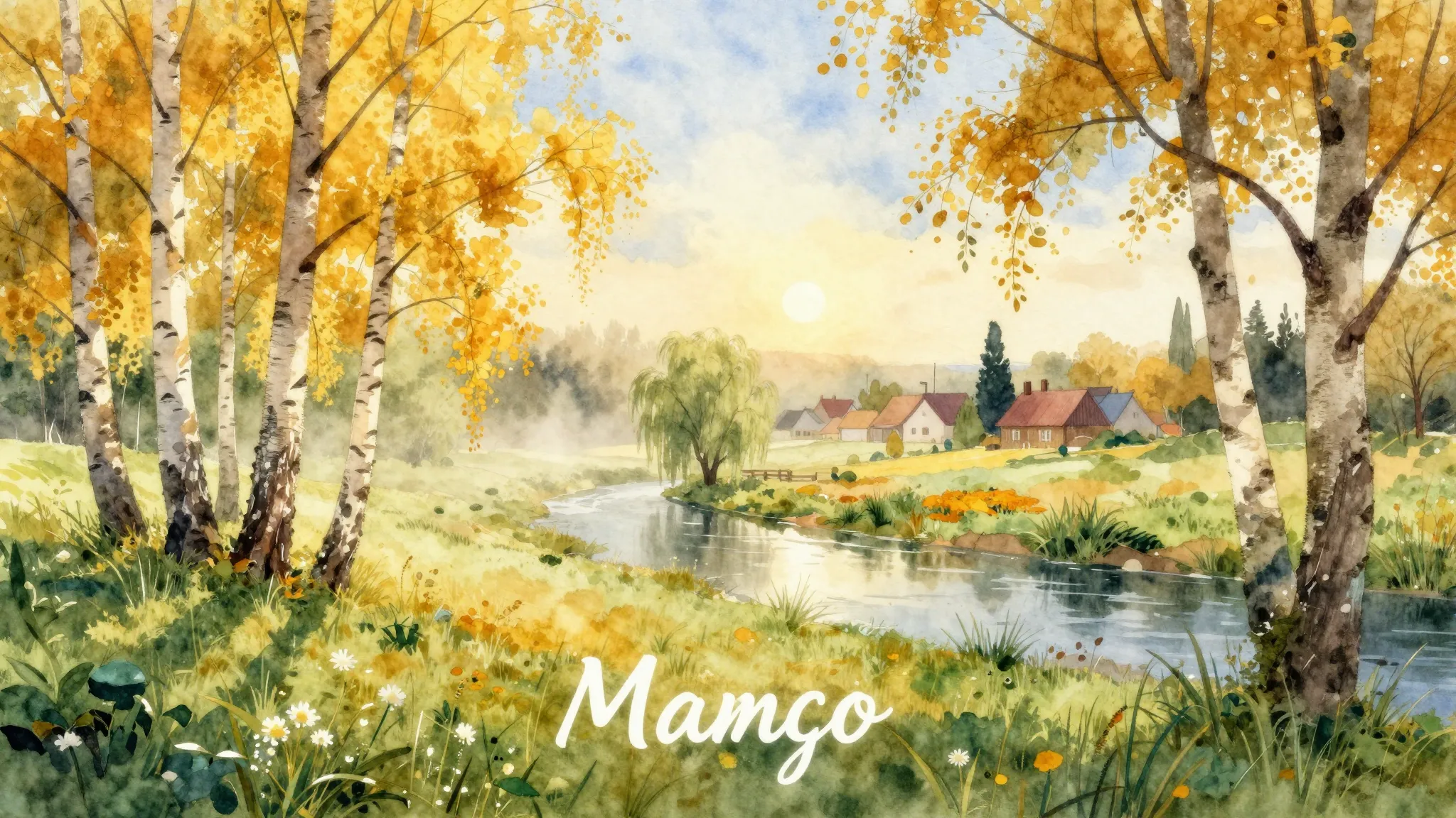 Vibrant watercolor style. Mambo album cover: Golden mist ove...