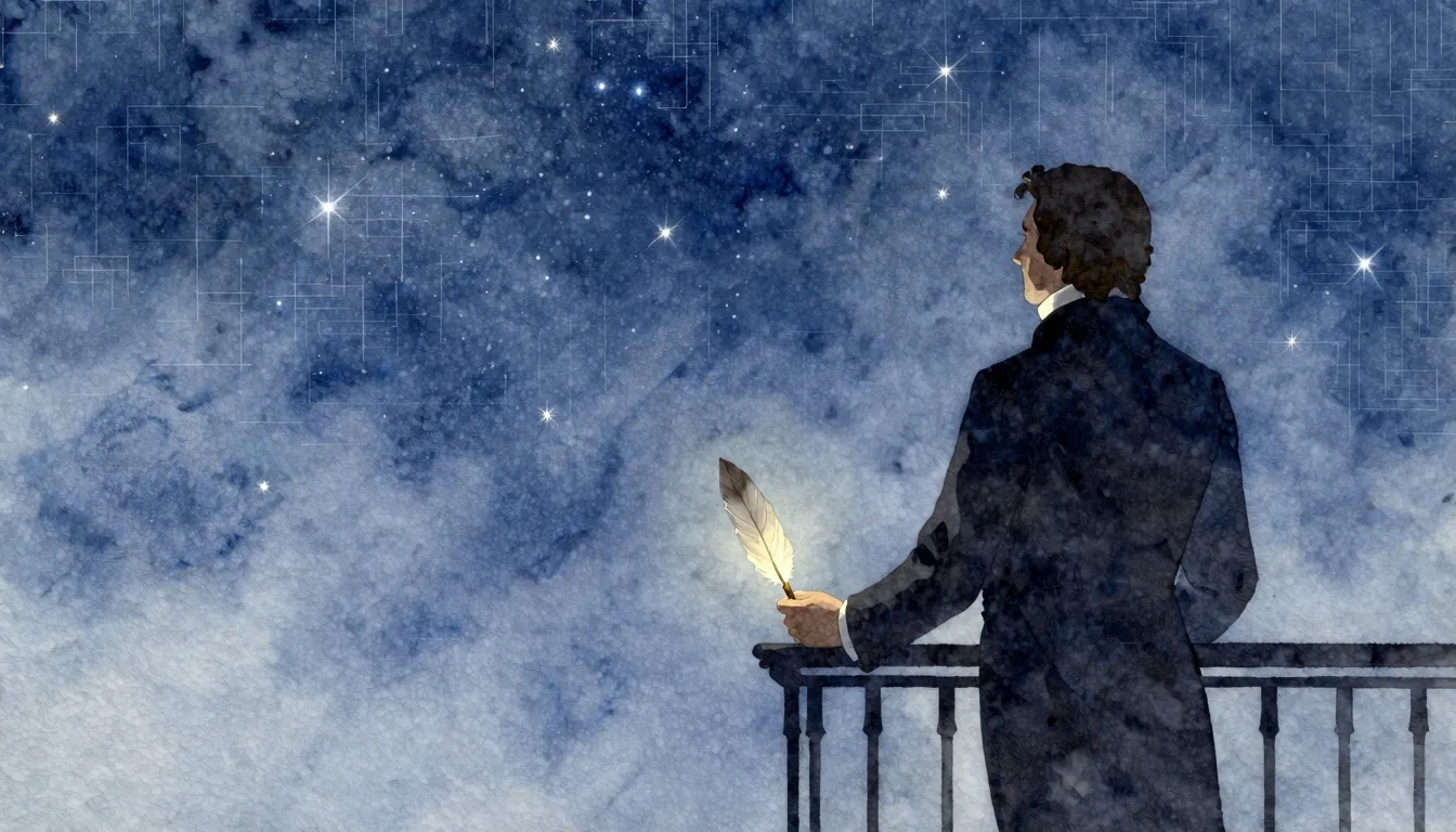 Watercolor style. A silhouette of a man in a classic 19th-ce...