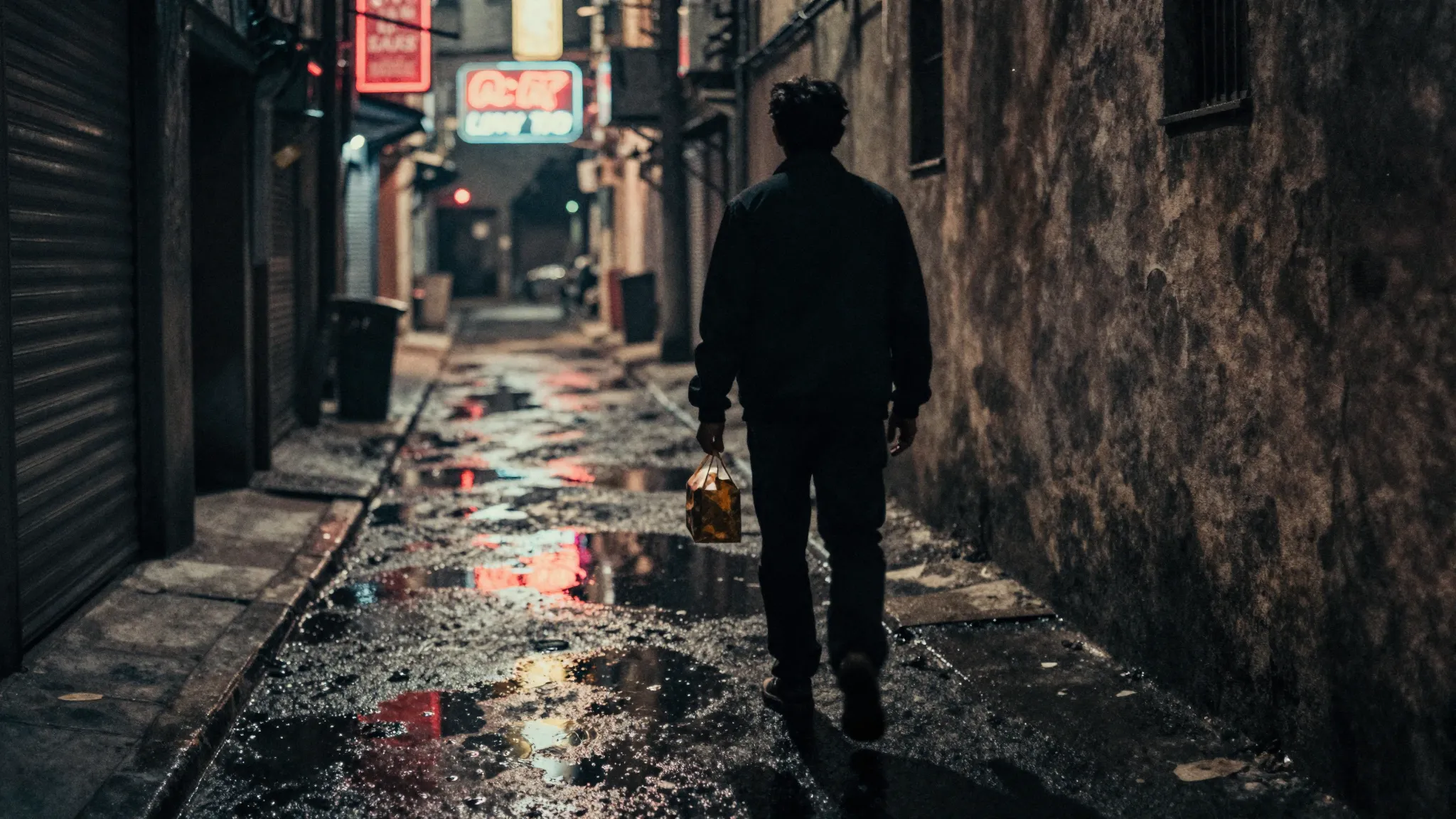 Watercolor style. Dark urban alleyway at night, neon lights ...