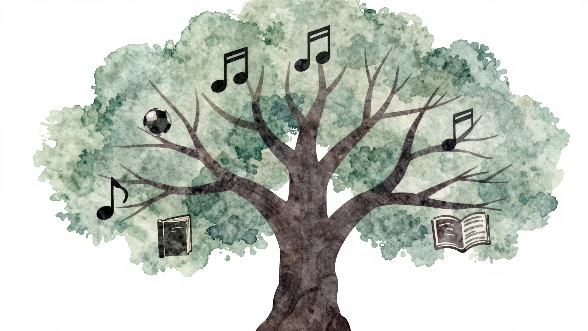 Watercolor style. A stylized silhouette of a large tree with...