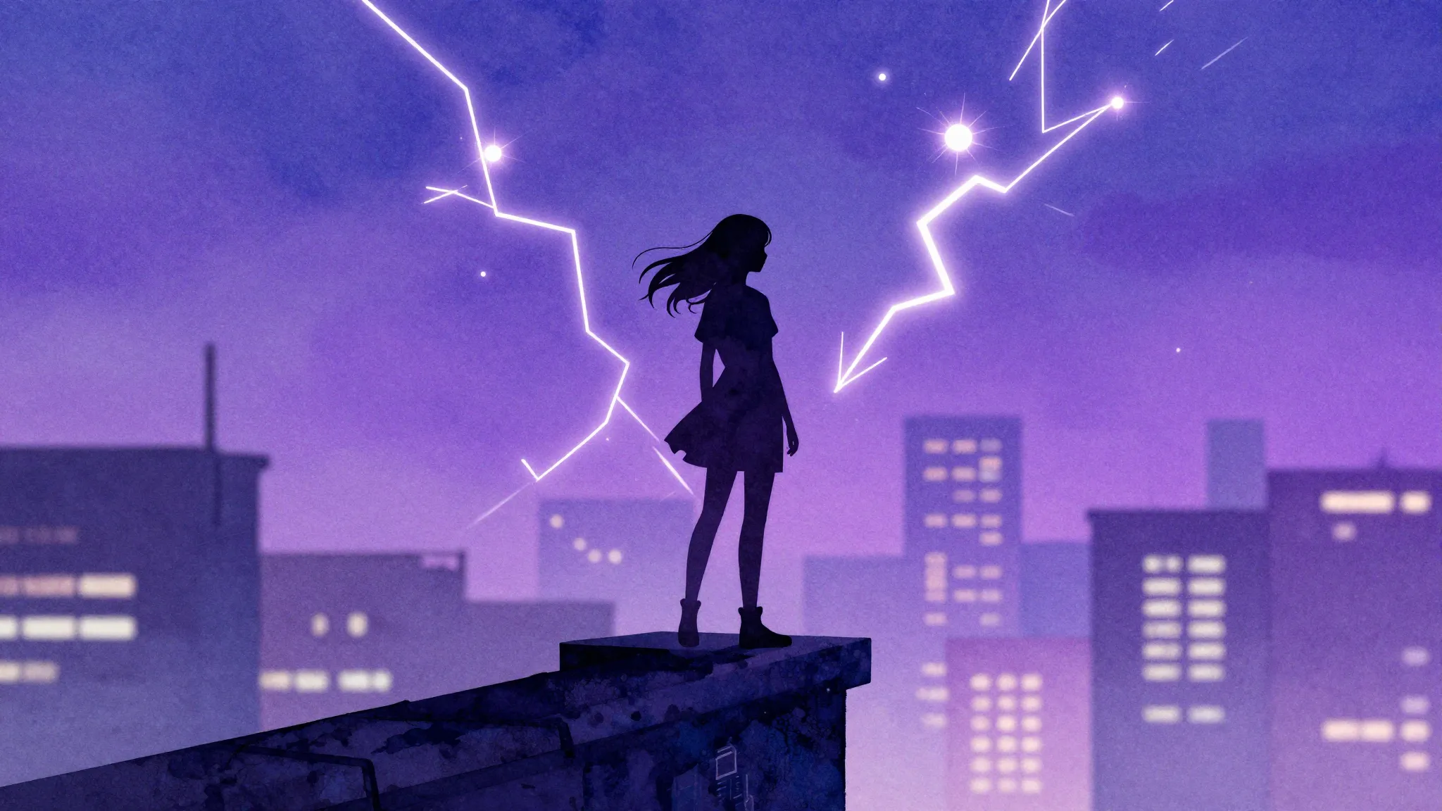 Watercolor style. Silhouette of a girl standing on a high ro...
