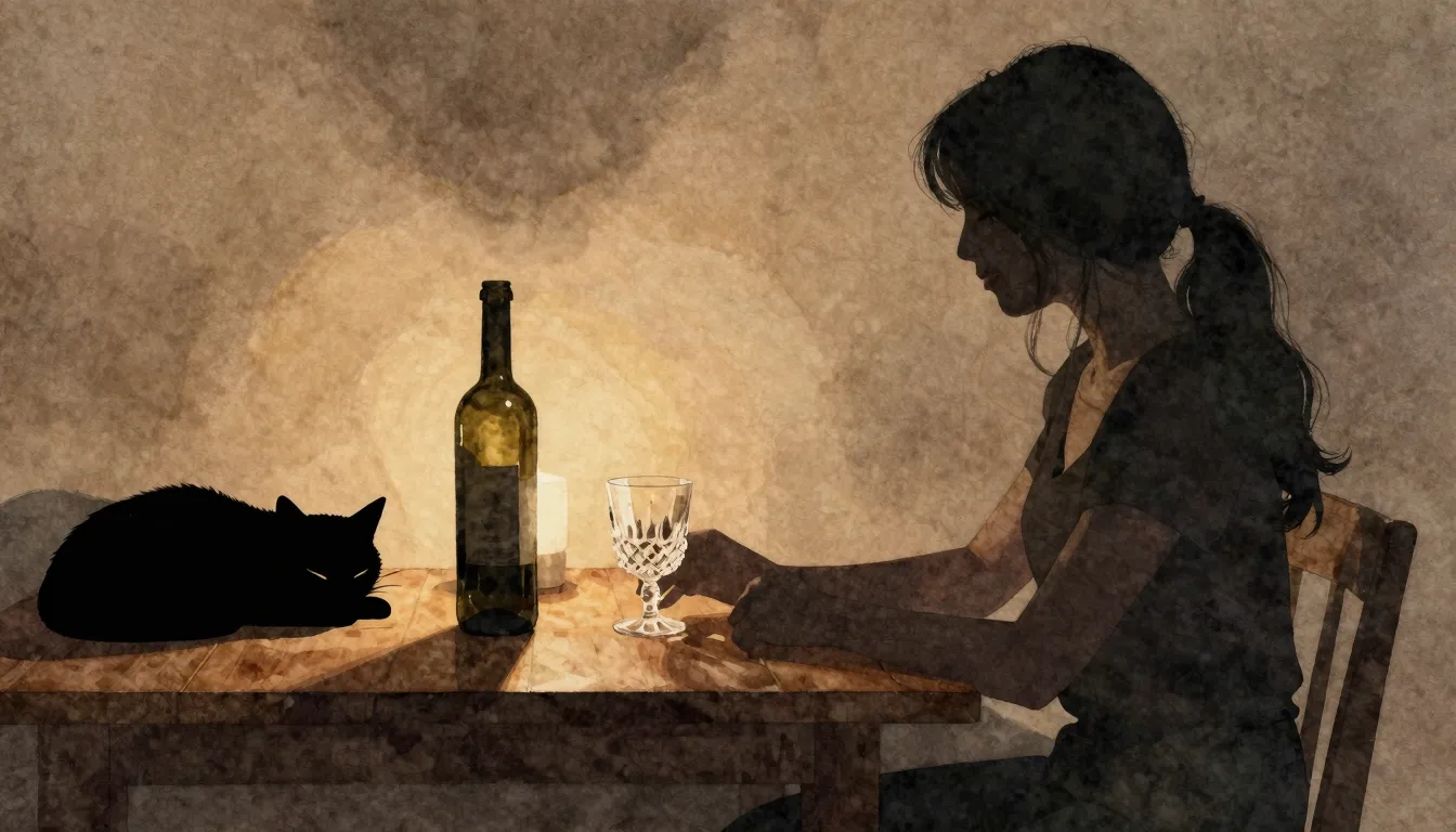 Watercolor style. Silhouette of a woman sitting at a wooden ...