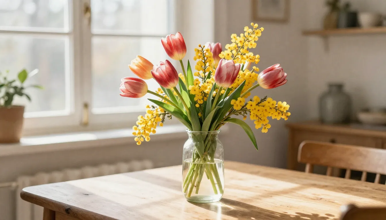 Watercolor style. Bright spring flowers, tulips and mimosas ...