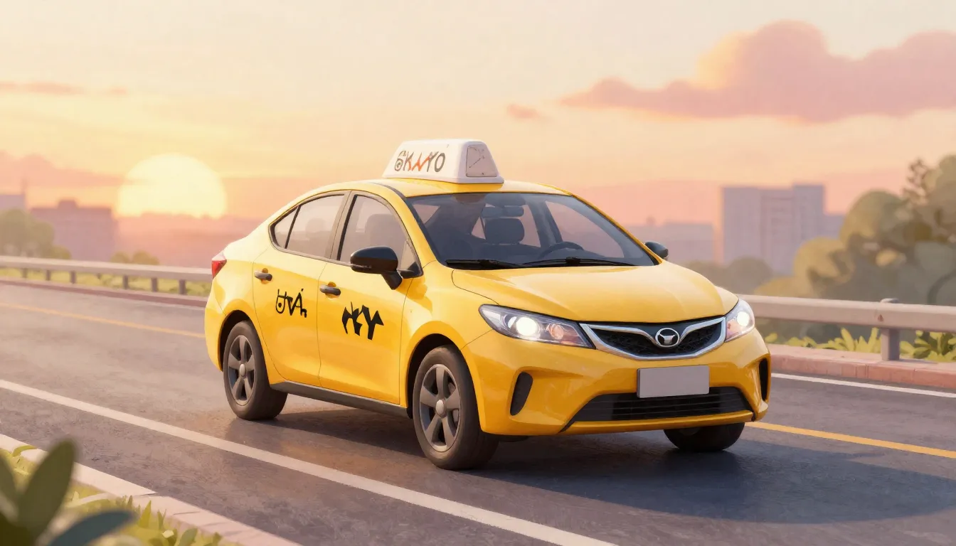 Watercolor style. A modern yellow taxi car driving on a clea...