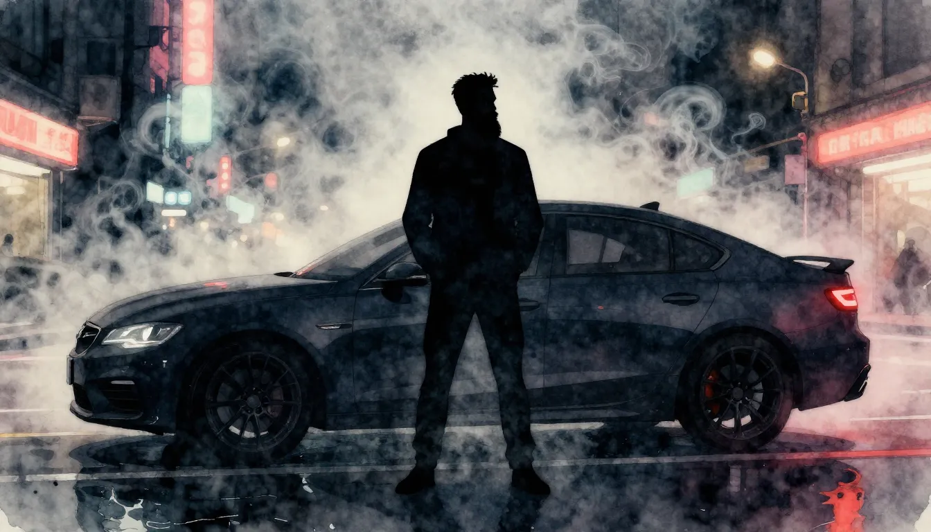 Watercolor style. A dark silhouette of a man with a large be...