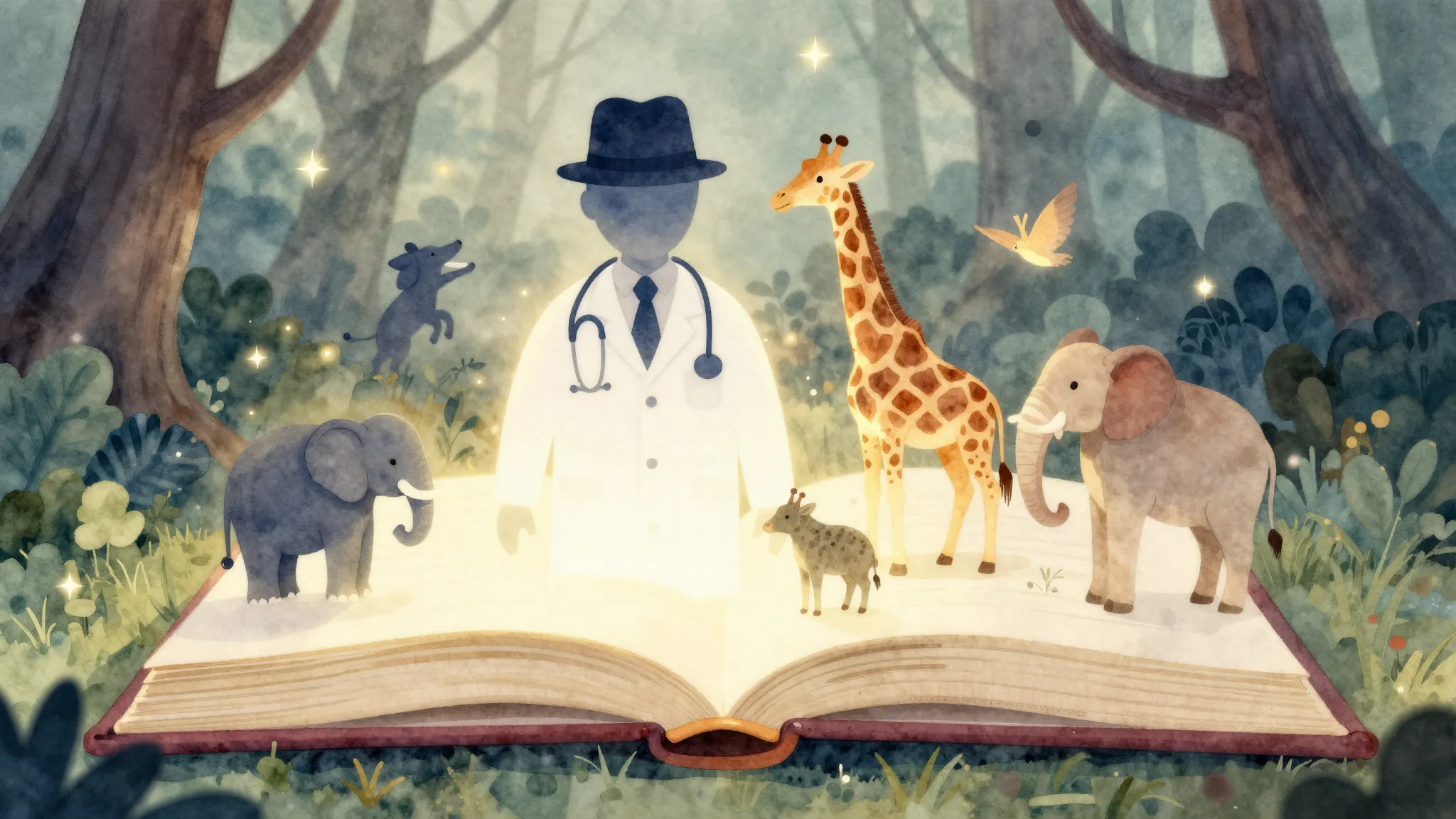 Watercolor style. A magical glowing open book with silhouett...