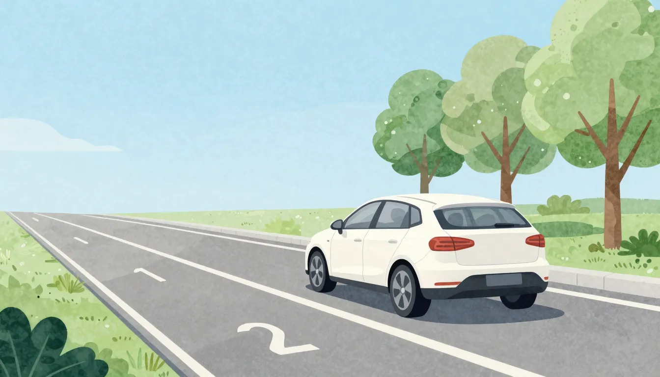 Watercolor style. A modern bright car driving on a clean asp...