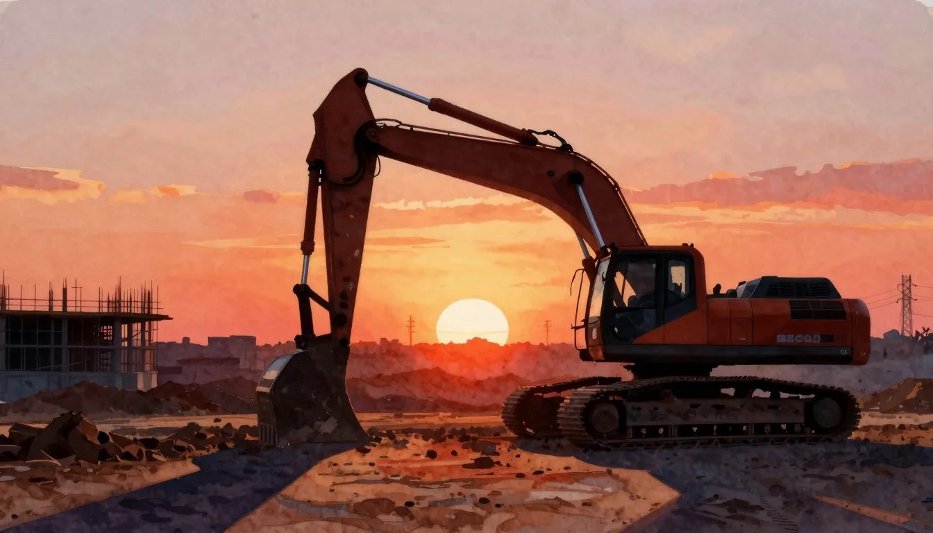 Watercolor style. Silhouette of an excavator against a vibra...