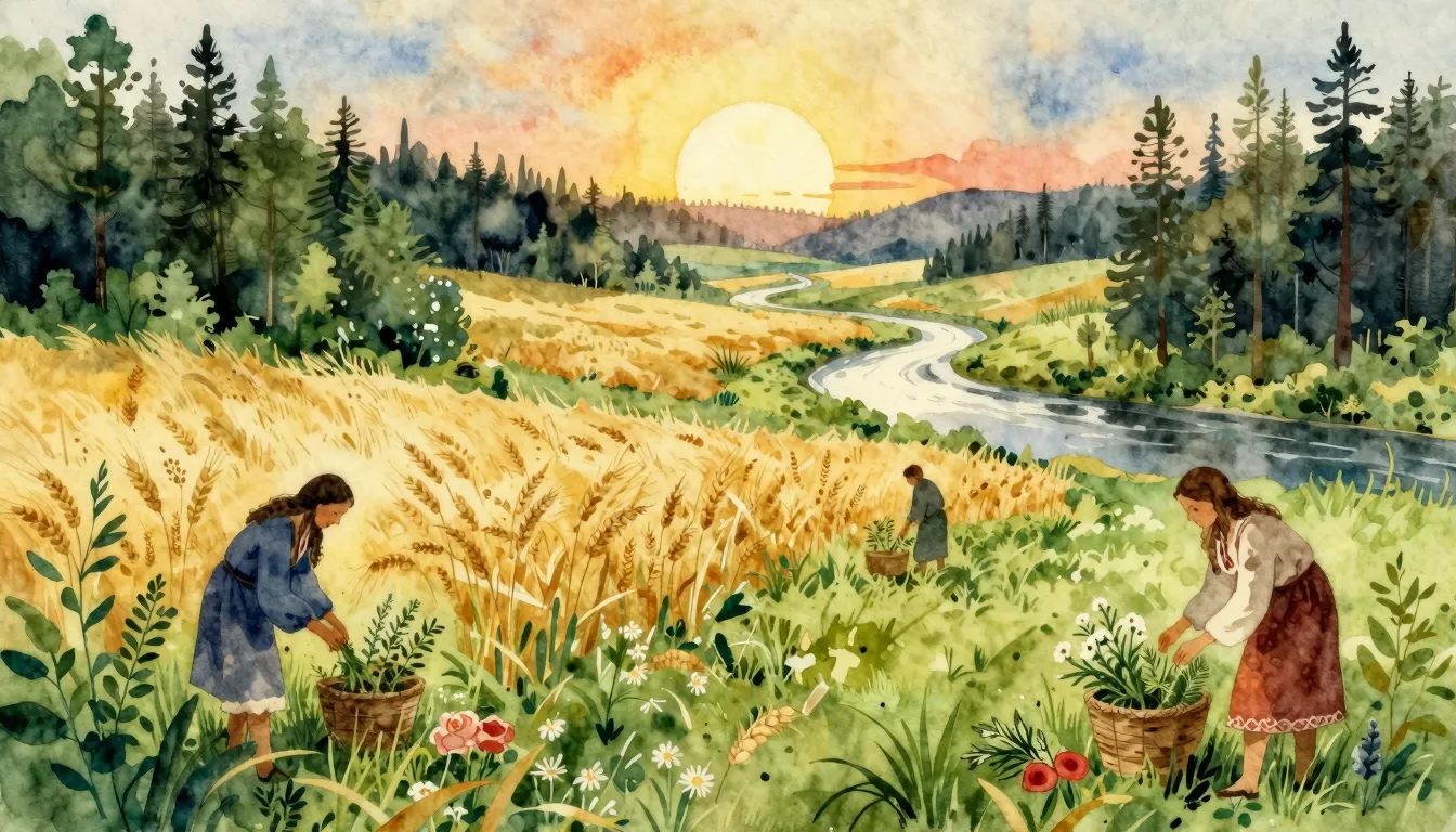 Vibrant watercolor style. Mystical Slavic folk album cover. ...