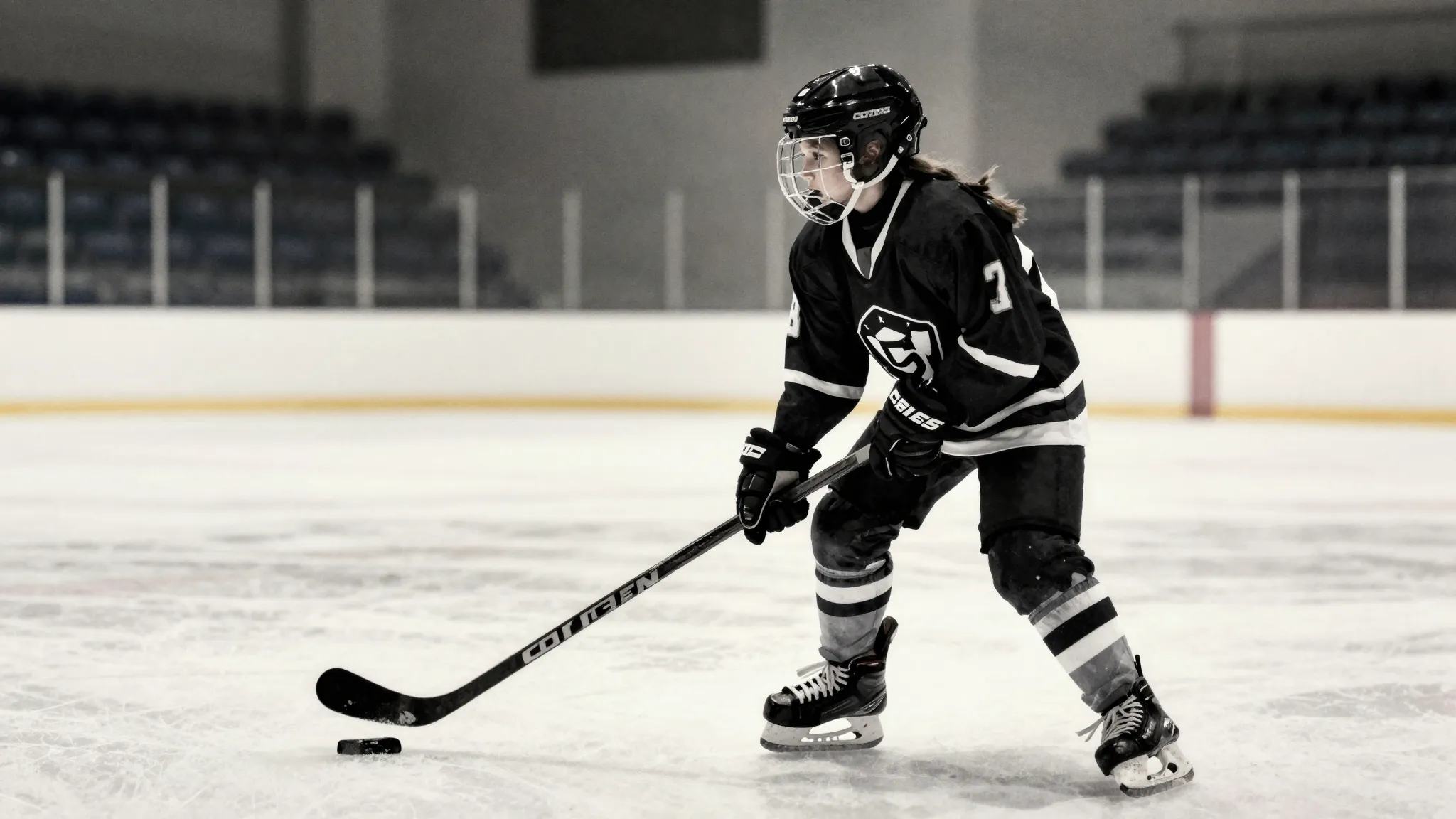Watercolor style. Silhouette of a young girl in a hockey jer...