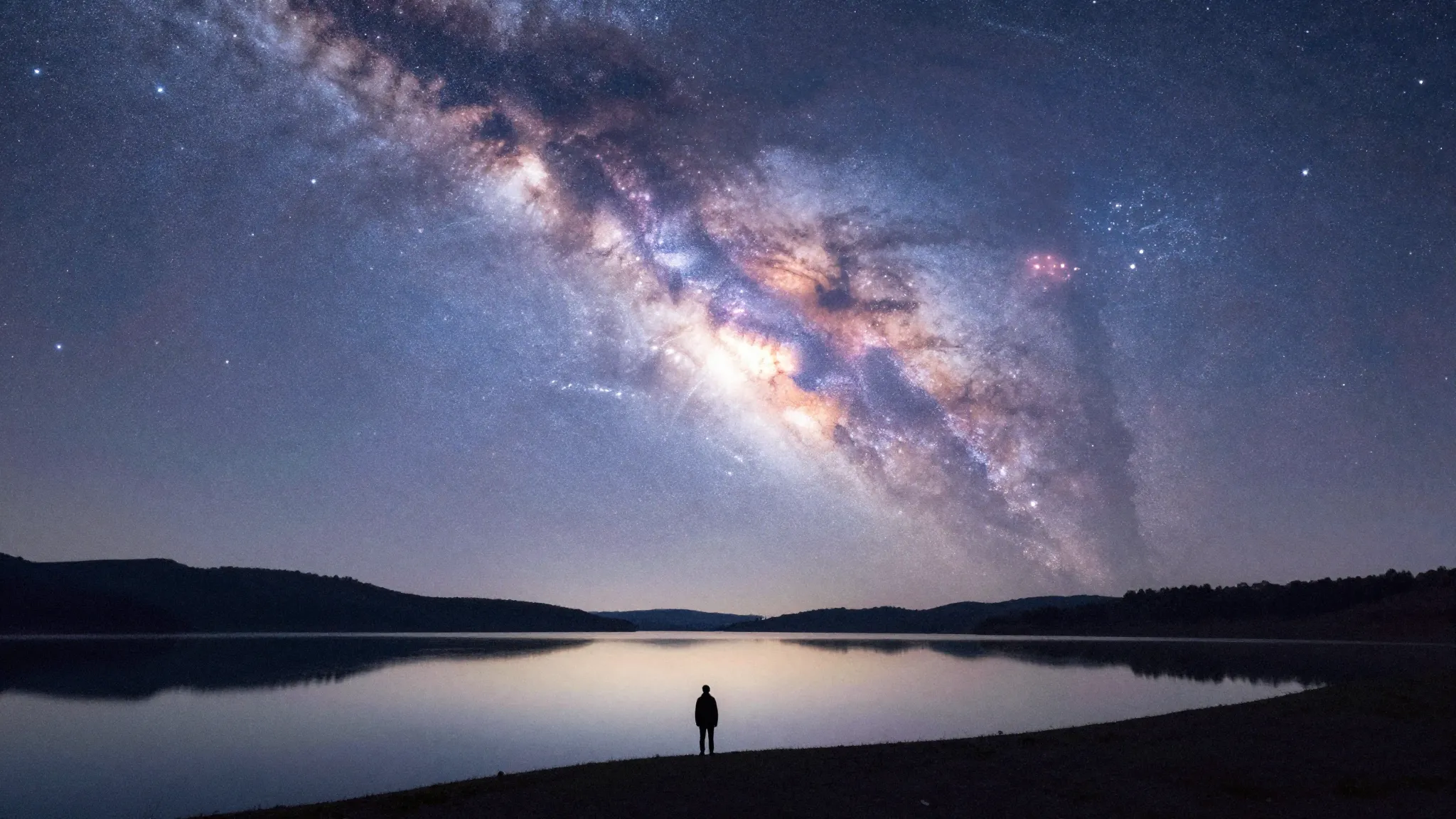 Watercolor style. A vast landscape with a starry galaxy sky ...