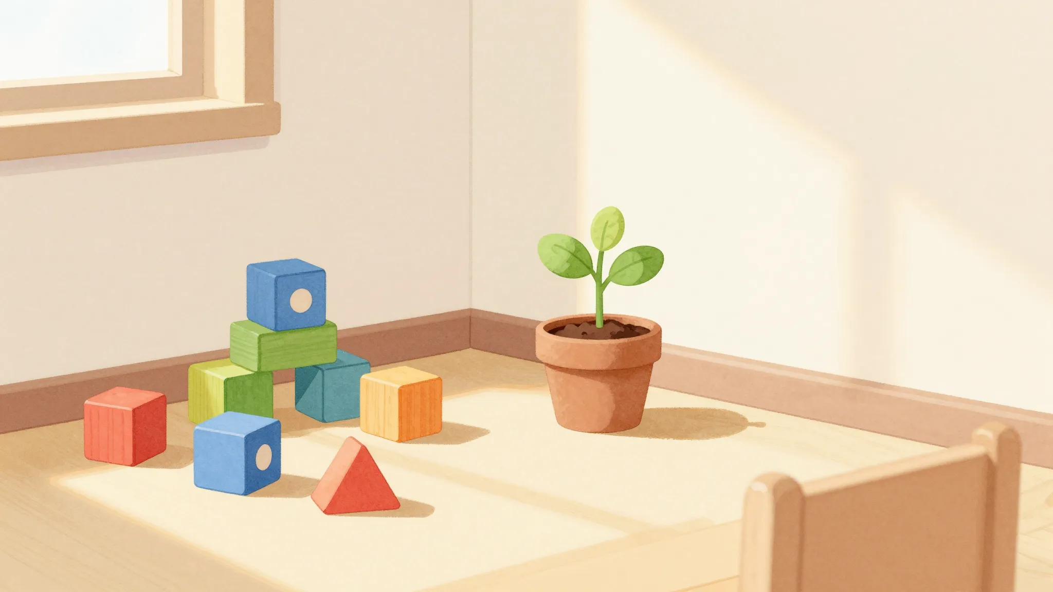 Watercolor style. A cozy kindergarten classroom corner with ...