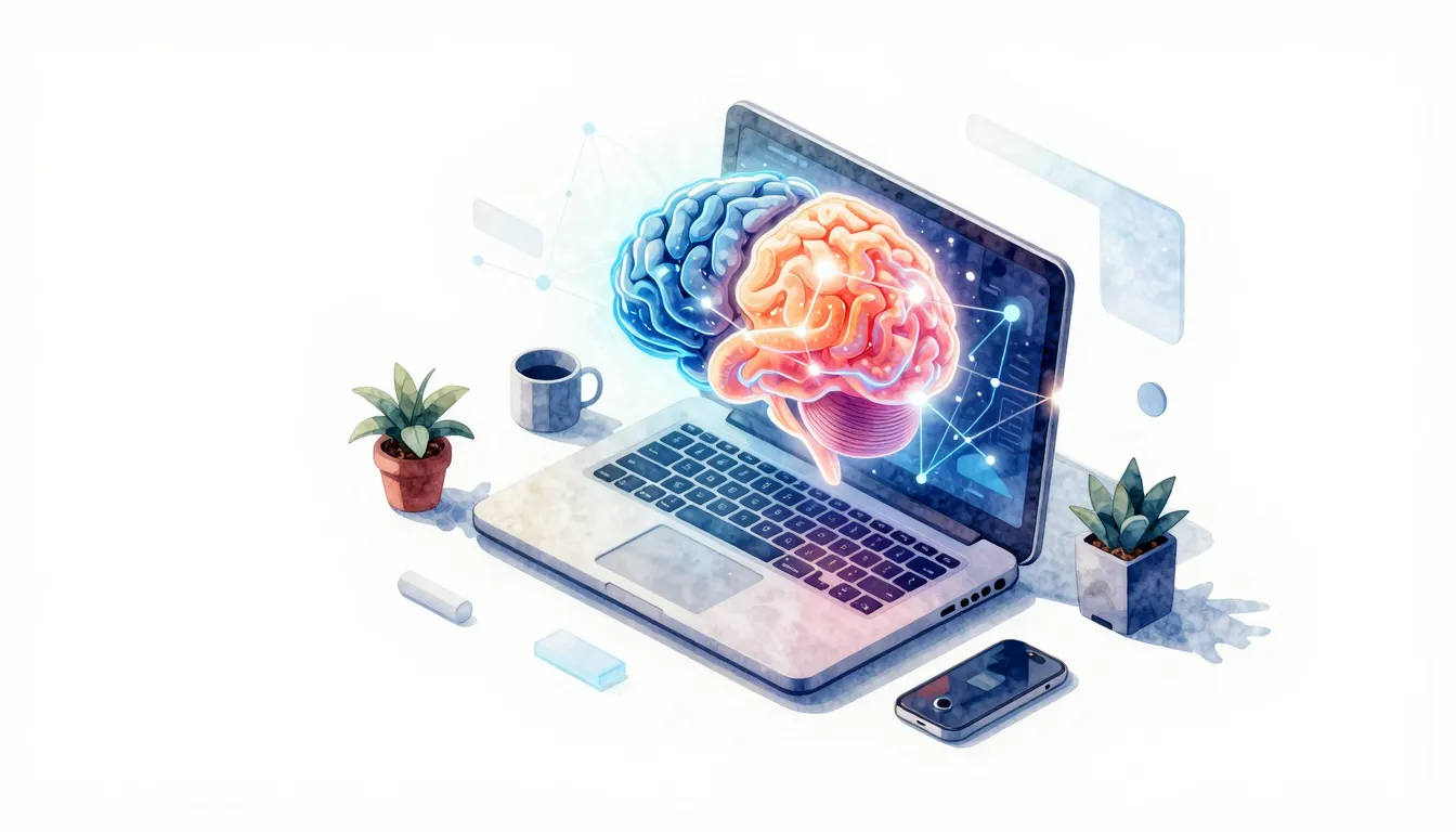 Watercolor style. A futuristic 3D isometric workspace with a...