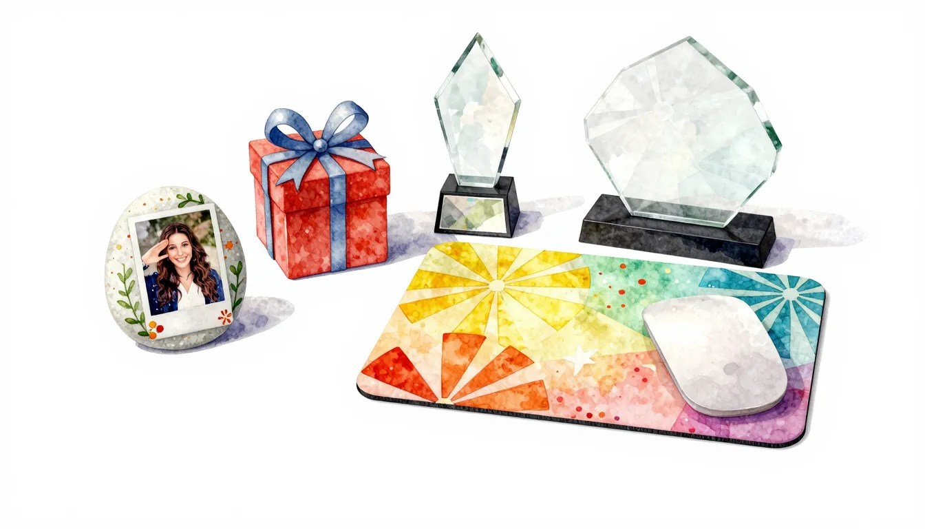 Watercolor style. A collection of colorful gift items includ...