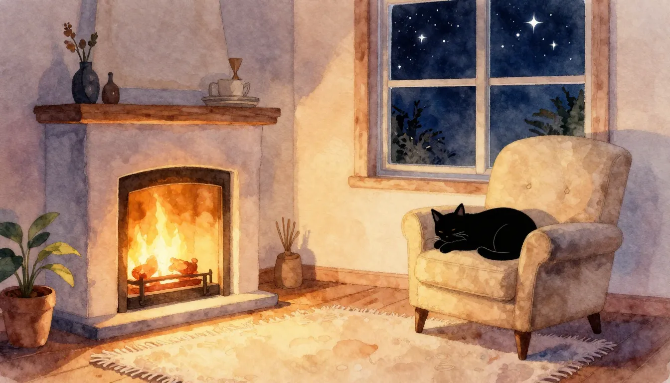 Watercolor style. A cozy room with a glowing fireplace, a co...