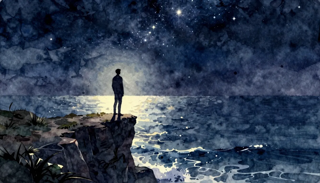 Watercolor style. A solitary silhouette standing on a cliff ...