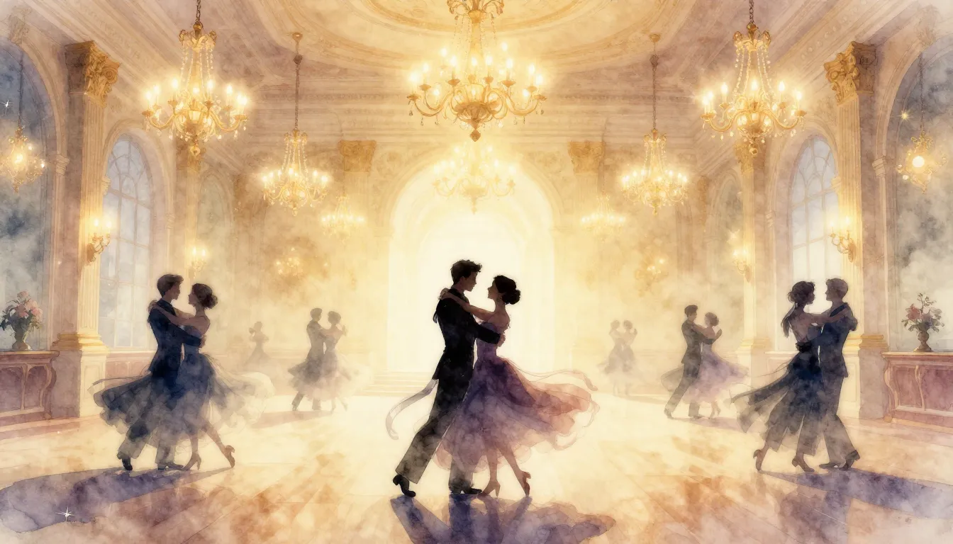 Watercolor style. Elegant ballroom with high ceilings and ch...