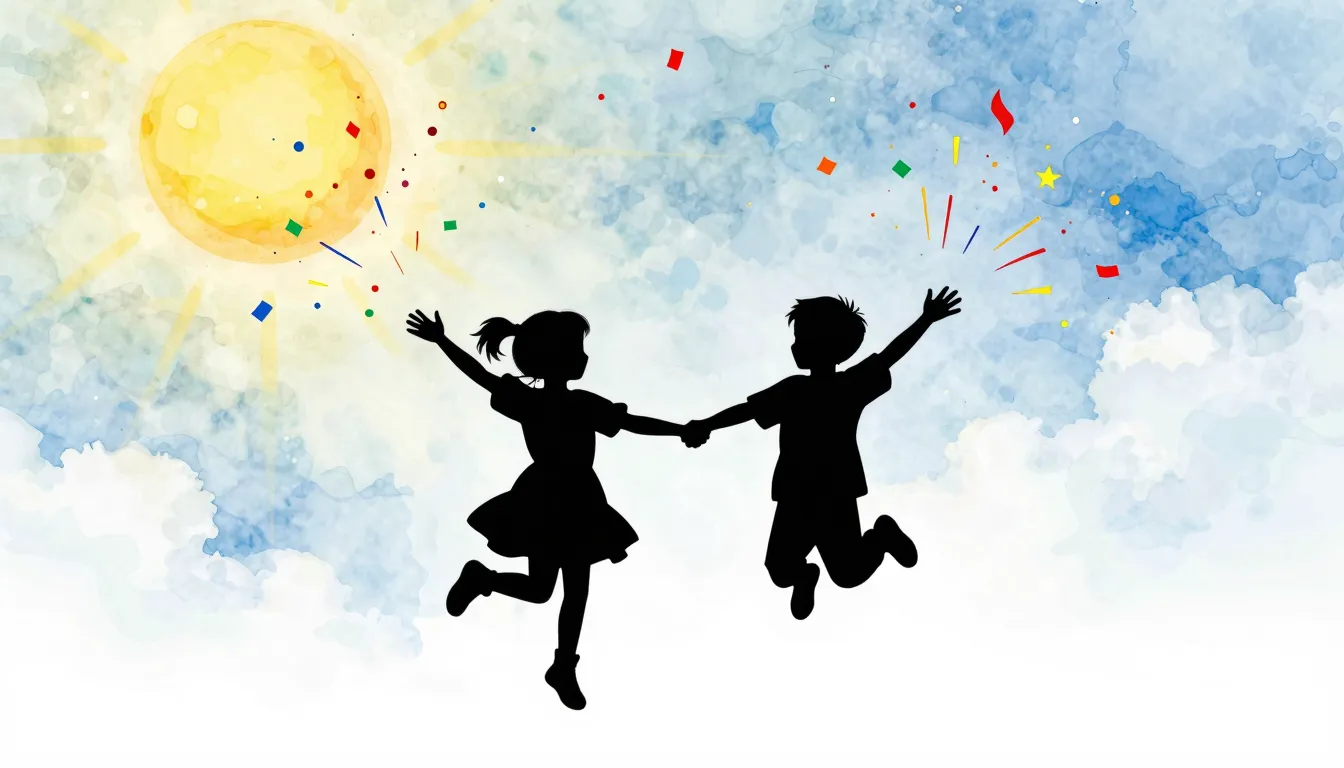 Vibrant watercolor style. A playful scene of two small silho...