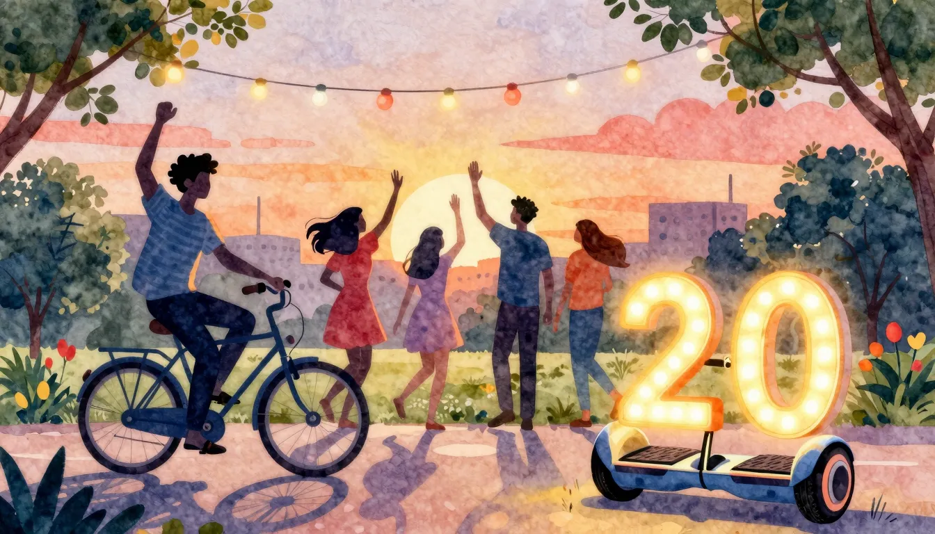 Watercolor style. A festive park scene with silhouettes of f...
