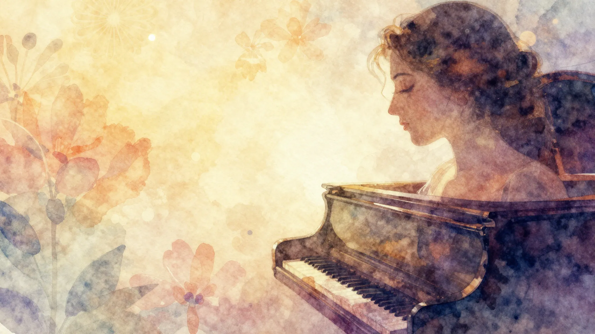 Vibrant watercolor style. Classical music album cover, elega...