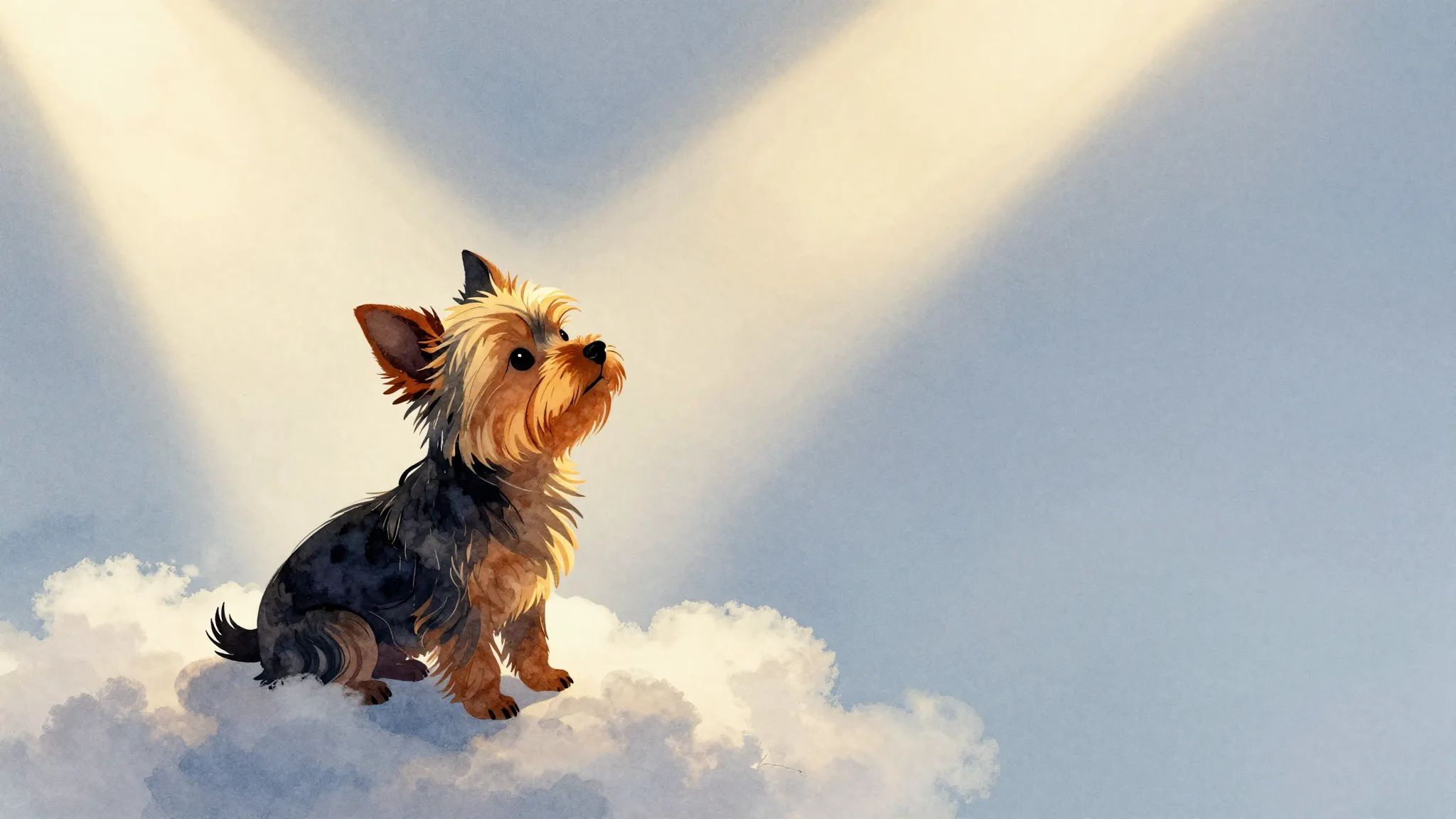 Watercolor style. Silhouette of a tiny Yorkshire Terrier sit...