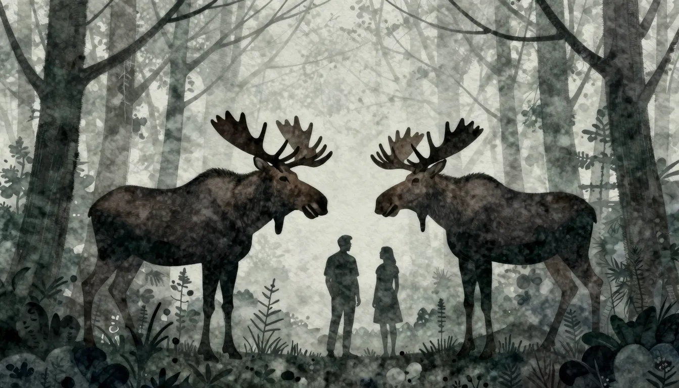 Watercolor style. Silhouettes of a man and a woman in a dens...
