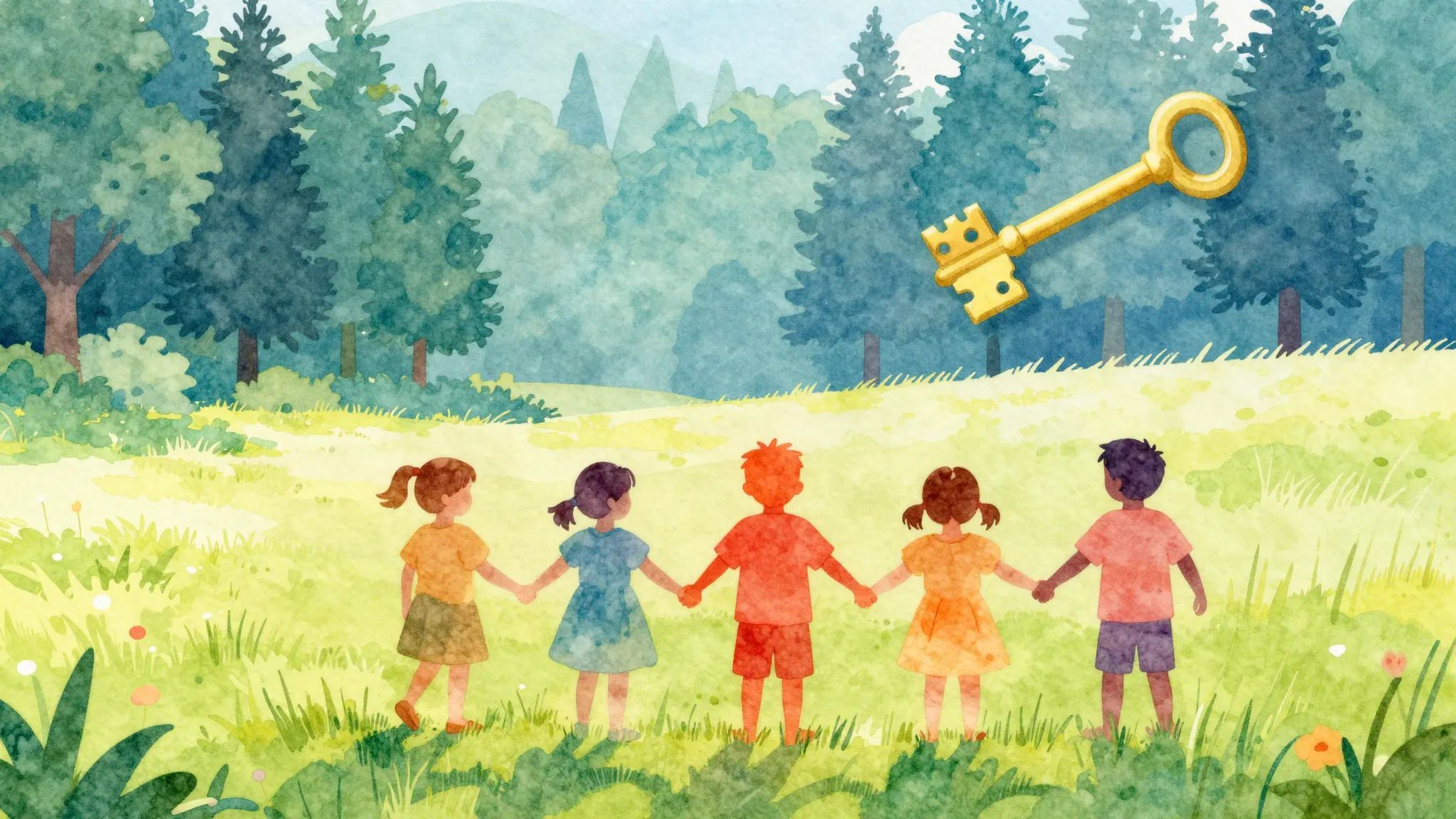 Watercolor style. Silhouettes of small children holding hand...