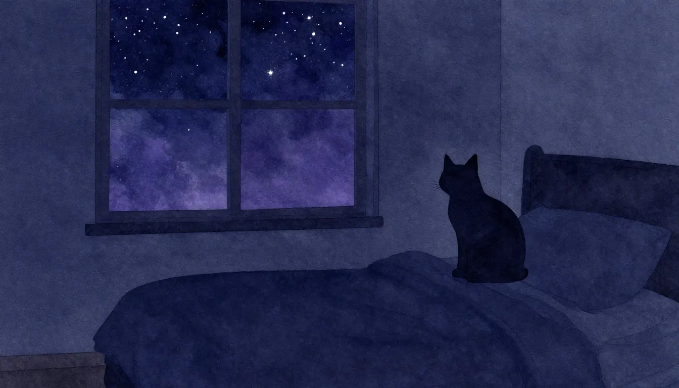Watercolor style. Cozy bedroom silhouette, cat silhouette on...