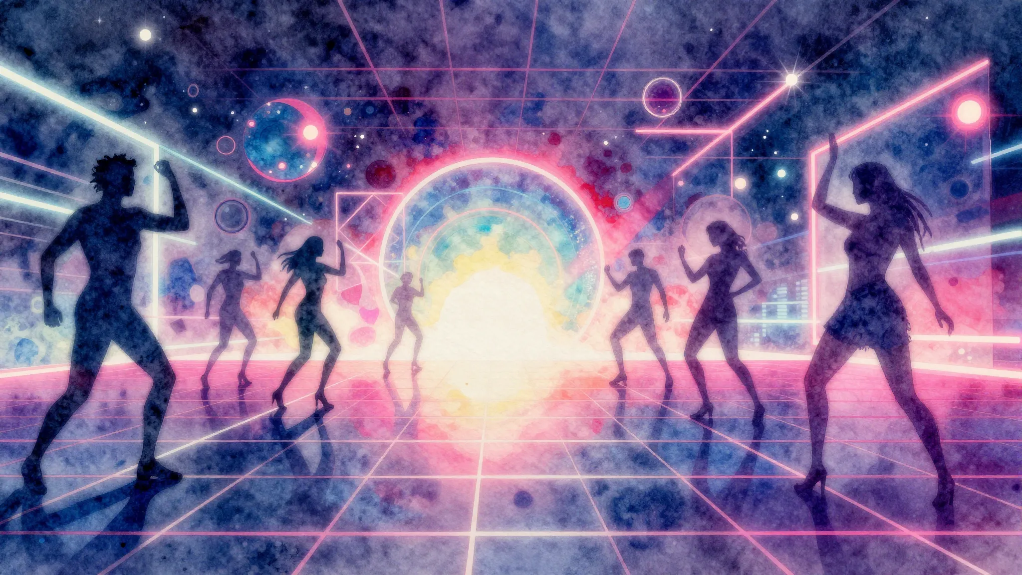 Vibrant watercolor style. Vibrant disco dance floor, neon li...