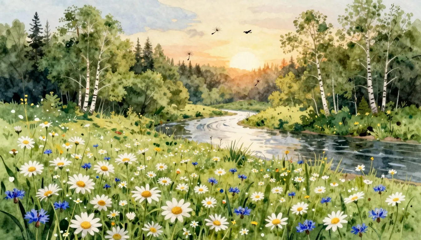 Watercolor style. A serene summer landscape in an impression...